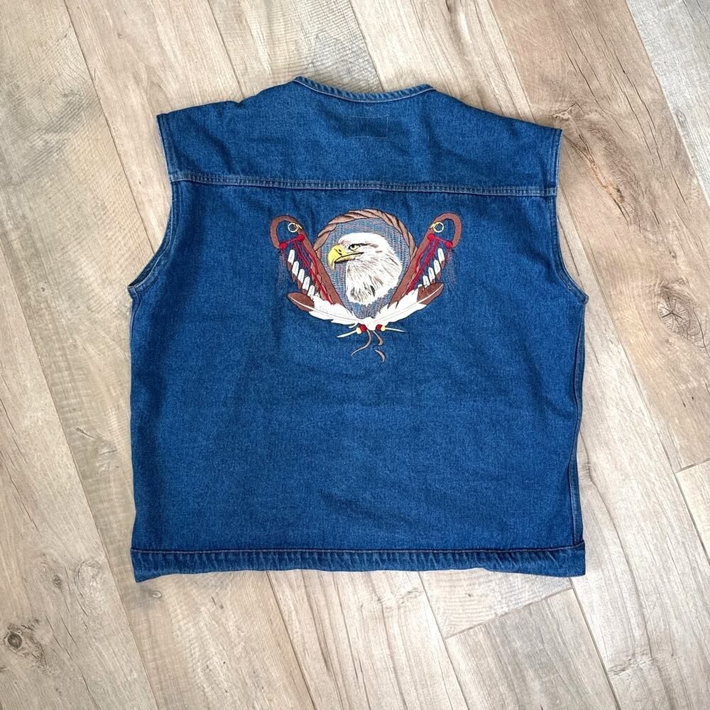 Vintage Native American Bald Eagle Jean Jacket Vest Mens 3XL